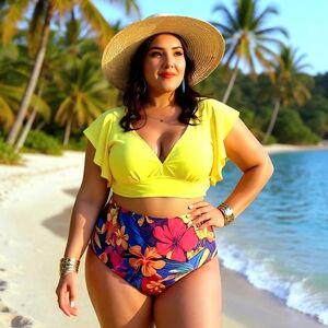 🆕 Vibrant Plus Size Boho Tankini Set 1XL Ruffle Sleeves Tropical Print Swimwear